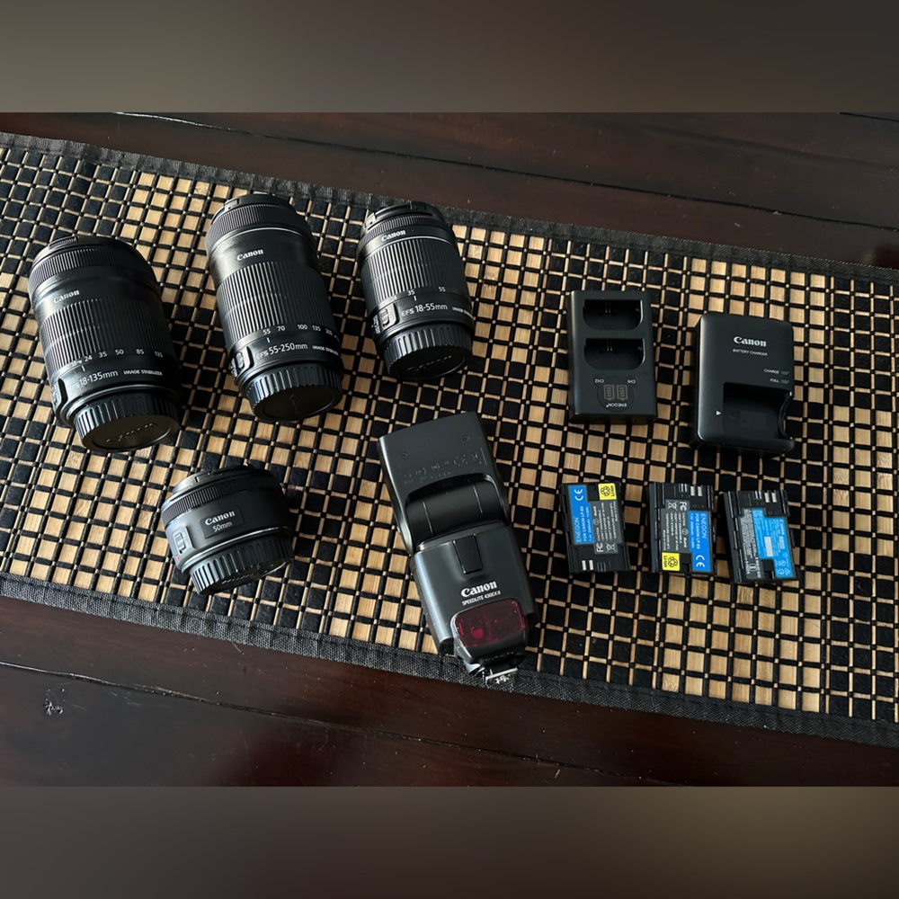 Canon Lenses, flash, batteries and chargers